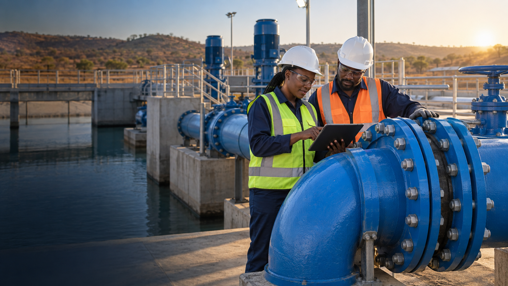 African water infrastructure engineers reviewing a large pipeline connection