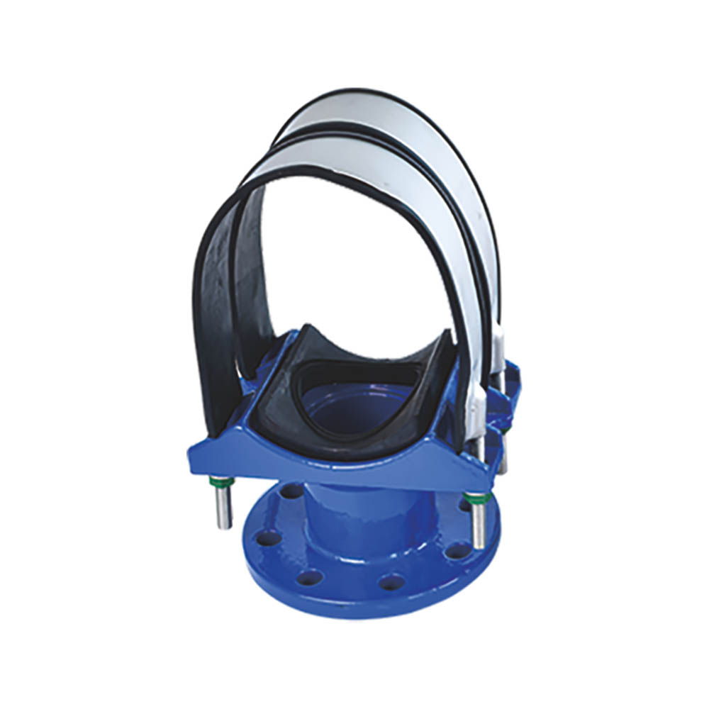 Blue universal saddle clamp with flanged tee outlet